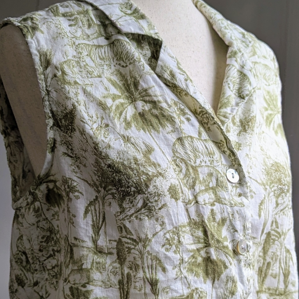 Rachel Zoe Linen Tiger Jungle Print Sleeveless Cropped Vest Cruise Vacation Top